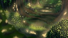 a digital painting of a path through a forest with lots of trees and grass on both sides