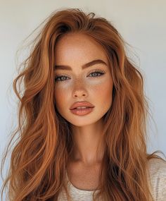 Soft waves in copper sand, adding warmth and dimension. Great for a relaxed and elegant appearance. Makeup Copper Hair, Makeup Ideas Red Hair, Ombre Hair Copper, Copper Hair Makeup Looks, Autumn Hair Ideas, Copper Wavy Hair, Copper Hair Makeup Ideas, Autumn Color Hair, Copper Hair Curtain Bangs