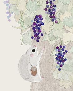 a drawing of a white squirrel holding a nut in its mouth while standing next to a tree with purple berries on it