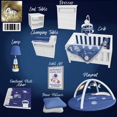 a blue and white baby's room with items labeled