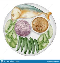 a plate with fish and vegetables on it, watercolor painting png clipart