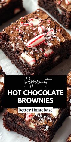 peppermint hot chocolate brownies with candy canes on top