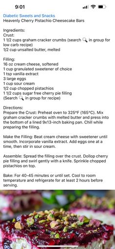 a recipe for cranberry pistachio cheesecake bars is shown in the bottom right hand corner