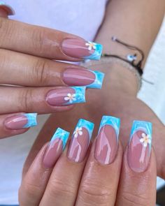 summer nails 2024🌊🌺🐚 Blue Nails Vacation, Blue Nails Ballerina, Nail Blue French, Blue Vacation Nails, Summer Nails 2024, Classy Acrylic, Beachy Nails, Romantic Nails, Amazing Nails