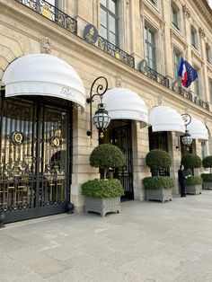 an entrance to a building with potted plants