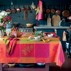 Tablecloth - Jacquard - 100% Cotton - Coated Treatment - Made in France - Table setting - Table linen - Home Linen - Indoor - Outdoor - Multicolor - Fall Mexican Tablecloth, Marie Galante, French Tablecloths, France Colors, Tablecloth Sizes, Tablecloth Fabric, Cotton Tablecloths, Tutti Frutti, Christmas Storage