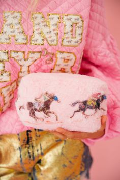 RACING SEASON PINK FUZZY BAG Cosmetic & Toiletry Bags Judith March Horses Design, Fuzzy Bag, Carpet Bag, Horse Designs, Toiletry Bags, The Race, Gift List, Small Bag, Pretty Things