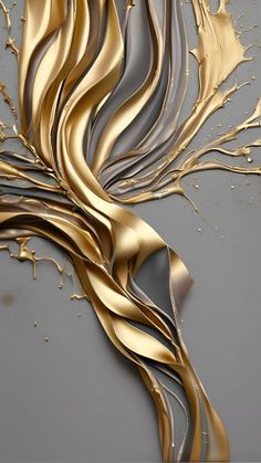 an abstract painting with gold and silver paint on grey paper, it looks like swirling lines