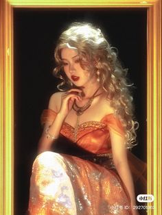 a woman with long blonde hair sitting in front of a gold framed frame wearing an orange dress