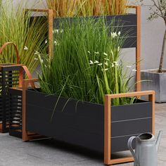 two planters with plants in them sitting next to each other