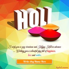 an advertisement for holi with two colorful shapes and the words happy holi on it