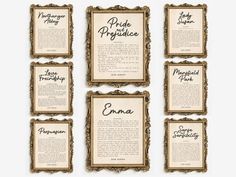 six framed frames with the words bride and groom written in black ink on white paper