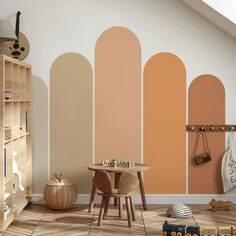 a child's room with an orange and beige color scheme on the wall next to a toy train