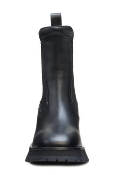 A chunky flared heel with crepe-rubber inset adds to the modern look of this leather Chelsea boot detailed with ring hardware that nods to Moncler's logo patch. Pull-on style with elastic gore insets Leather and textile upper and lining/rubber sole Imported Designer Shoes Chelsea Boot Women, Leather Chelsea Boots, Chelsea Boot, Lug Sole, Patch Logo, Designer Shoes, Chelsea Boots, The Modern, Rubber Sole