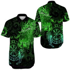 Viking Short Sleeve Shirt Viking Odin Tattoo Green Version Fitted Green Collared Camp Shirt, Fitted Green Button-up Short Sleeve Shirt, Green Short Sleeve Stretch Shirt, Green Stretch Short Sleeve Shirt, Odin Tattoo, Viking Odin, Viking Shirt, Viking Clothing, Sport Shirts