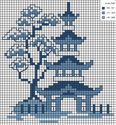 a cross stitch pattern with pagodas and trees in blue tones on a white background