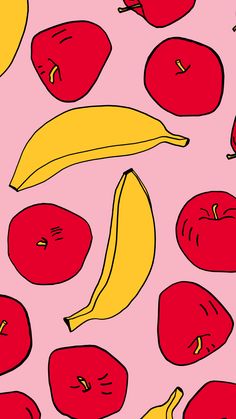 a pink background with red apples and bananas