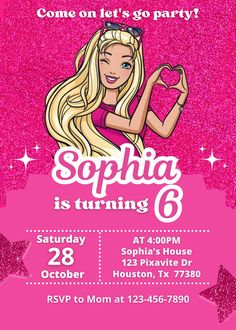 a birthday party flyer for a girl with blonde hair and pink glitters on it