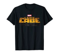 a black t - shirt with the words luke cage in yellow and gold letters on it