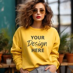 "Yellow Gildan 18000 Sweatshirt Female Mockup Check out our WHOLE Shop Bundle (50% OFF) - for all current and future mockups! https://aivcanvas.etsy.com/listing/1597703932 - WHAT YOU WILL RECEIVE - 1 high-resolution JPG file. The image will be ready to use and will be free of all watermarks and branding. The file is compatible with all photo editing software and ready for you to place your logo / graphic on. - INSTANT DOWNLOAD - 1. Purchase this listing. 2. Once payment is confirmed, you will be taken to the download page. Also, an email will be sent to you with your download link. Click \"Download\" to save the files in your computer. 3. Your files will be instantly downloaded to your computer. - LICENCE - By purchasing this product, you agree to our Terms of Use: * Unlimited personal use Yellow Relaxed Fit Crew Neck Sweatshirt, Casual Long Sleeve Sweater With Custom Print, Casual Sweatshirt With Custom Print And Crew Neck, Casual Crew Sweatshirt With Custom Print, Casual Sweater With Custom Print In Relaxed Fit, Casual Sweater With Custom Print And Relaxed Fit, Casual Relaxed Fit Sweater With Custom Print, Casual Relaxed Fit Custom Print Sweater, Casual Crew Neck Sweatshirt With Custom Print