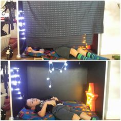 two pictures of a boy laying in his bed with lights on the wall above him