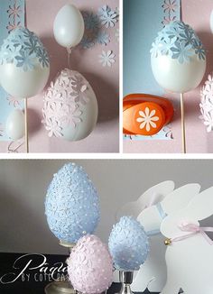 three different pictures of blue and white paper flowers in vases with balloons attached to them