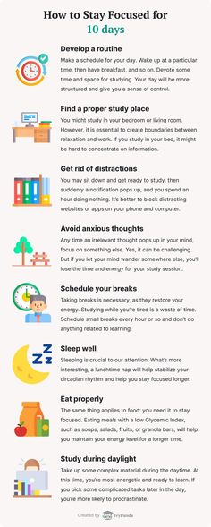 an info sheet describing how to stay focused for the day and night, as well as other things