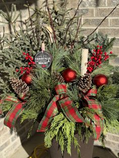 a potted plant with christmas decorations and pine cones