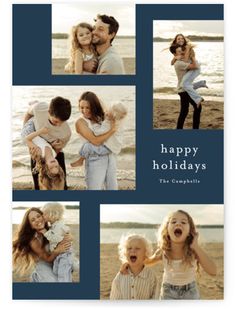 four photos with the words happy holidays in blue and white, on a navy background