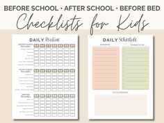 the before and after school checklist for kids is shown in this printable version