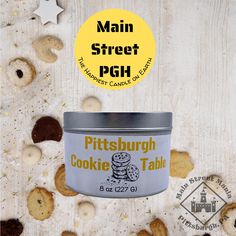 a can of pittsburgh cookie talk sits next to cookies