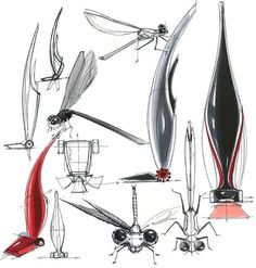 a drawing of different types of objects in various angles and sizes, all with red accents