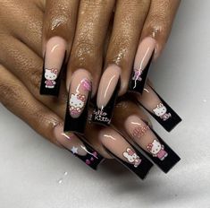 Black Hello Kitty Nails Acrylic, Acrylic Nails No Charms, 200s Nail Art, Acrylic Nails Coffin Short Pink, Nails Coffin Short Pink, Hello Kitty And Friends Nails, Nails No Charms, Black Hello Kitty Nails, Short Pink Acrylic Nails