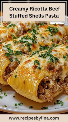 These Creamy Ricotta Beef Stuffed Shells are a hearty and comforting dish, perfect for a family dinner or special occasion. Jumbo pasta shells are filled with a rich and creamy ricotta cheese and seasoned beef mixture, then baked in marinara sauce and topped with melted mozzarella. Every bite is a delicious combination of savory flavors and creamy textures.  This recipe is easy to make yet impressive enough for a gathering, and it’s guaranteed to satisfy everyone’s hunger. Whether served with garlic bread or a side salad, this dish is sure to become a family favorite. Creamy Ricotta Beef Stuffed Shells Pasta, Recipe For Stuffed Shells, Recipes With Ricotta Cheese, Beef Stuffed Shells, Jumbo Shell Recipes, Shells Pasta, Ricotta Cheese Recipes, Jumbo Pasta Shells, Sausage Dishes