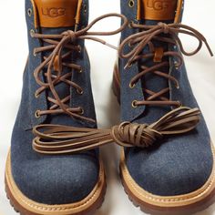 Men's Ugg Huntley Blue Denim Boots 11 Navy Leather Sheepskin 1004844 2 Sets Lace Super Rare - Discontinued Complete W/ Box And Packing As Shown. Denim Shoes Men, Casual Lace-up Boots With Waxed Finish, Casual Waxed Lace-up Boots, Ugg Chelsea Boots, Ugg Boots Men, Ankle Sneakers, Rugged Leather, Casual Ankle Boots, Ankle Boots Men