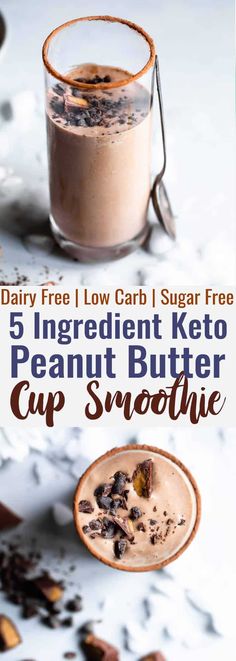 chocolate peanut butter cup smoothie with text overlay reading 5 ingredient keto peanut butter cup smoothie