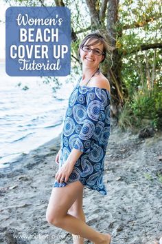 a woman standing on the beach with text overlay that reads women's beach cover up tutor