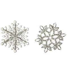 two silver snowflakes are shown on a white background and one is in the shape of a snowflake