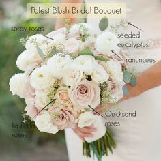 a bride holding a bouquet of white and pink flowers on her wedding day at the same time