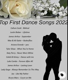 the top first dance songs for 2012 are shown in black and white, with an image of a woman holding a rose