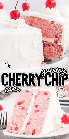 a slice of cherry cake with white frosting and cherries on top, sitting next to the rest of the cake