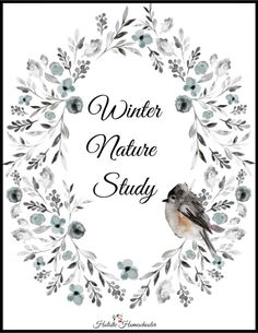 a bird sitting on top of a wreath with the words winter nature study written in it