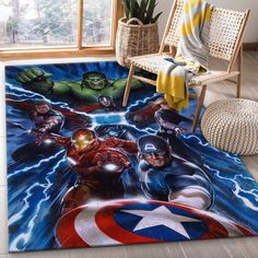 the avengers rug is in front of a window with a chair and potted plant