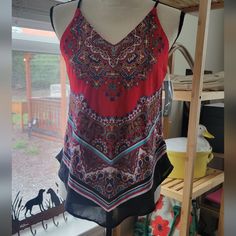 Bcx Branded Women's Size Small Bandana Style Halter Top With Spaghetti Straps. Pretty Reds And Black, Turquoise And White.. Pretty Boho Design New With Tag Bohemian Bandana Print Top For Beach, Red Paisley Print Top For Vacation, Red Paisley Print Summer Top, Casual Red Festival Tank Top, Spring Casual Tank Top With Paisley Print, Casual Spring Tank Top With Paisley Print, Casual Sleeveless Bandana Print Tops, Bandana Style, Paisley Print Blouse