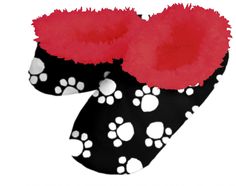 a pair of black and white slippers with red pom - poms on them