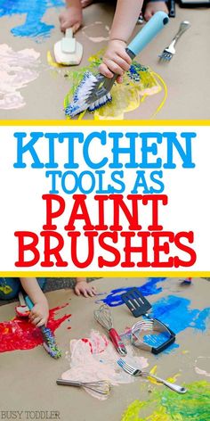 kids are painting with paintbrushes on the floor and in front of them is a poster that says kitchen tools as paint brushes