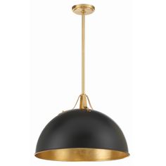 a black and gold pendant light hanging from a ceiling fixture with an oval shade on the top