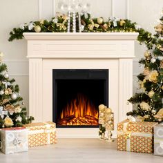 a fireplace with presents and christmas trees around it