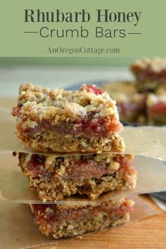 rhubarb honey crumb bars stacked on top of each other