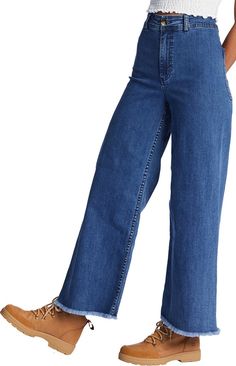 Billabong Free Fall Fray Hem Stretch Wide Leg Jeans | Nordstrom Summer Flare Jeans With Frayed Hem, Spring Dark Wash Cropped Flare Jeans, High Rise Cotton Flare Jeans With Relaxed Fit, High Rise Relaxed Fit Flare Cotton Jeans, Casual Wide Leg Cropped Pants With Frayed Hem, Dark Wash Cotton Wide Leg Pants For Fall, Wide Leg Flare Jeans With Frayed Hem For Fall, Fall Flare Jeans With Frayed Hem And Wide Leg, Frayed Hem Cropped Wide Leg Pants For Fall